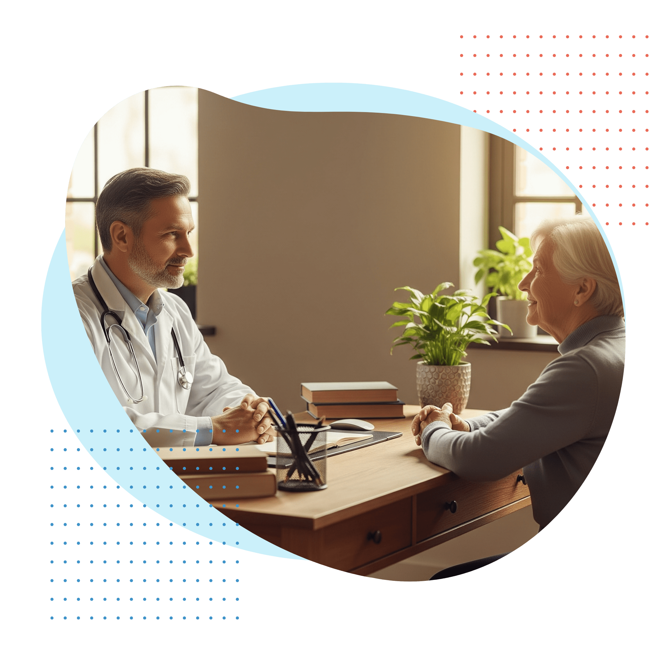A doctor listens intently to an elderly patient during an unhurried consultation in a comfortable and private office setting.