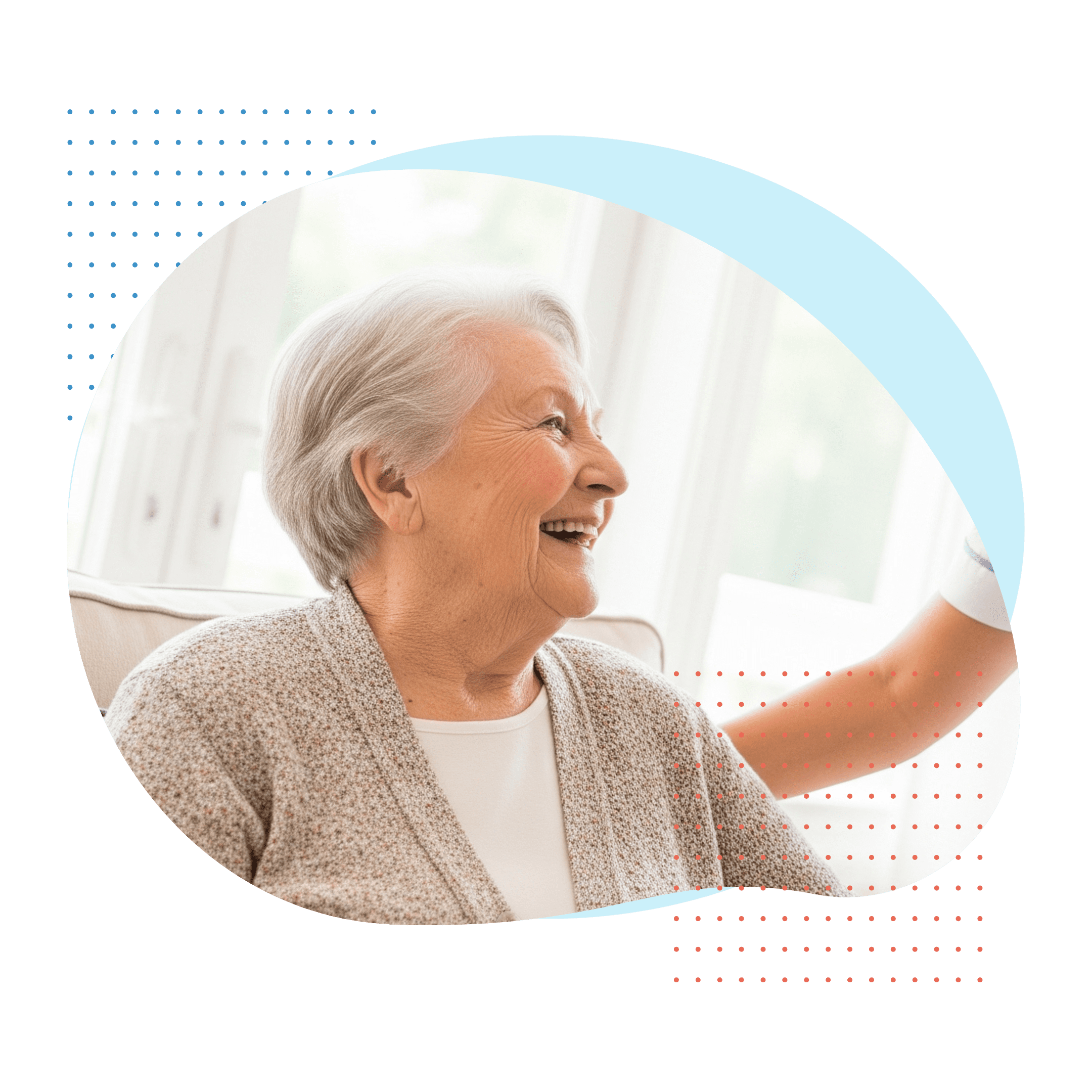 A compassionate female caregiver and a cheerful elderly woman share a warm smile in a bright, sunlit living room, representing the trusted home care services offered by Best Care.