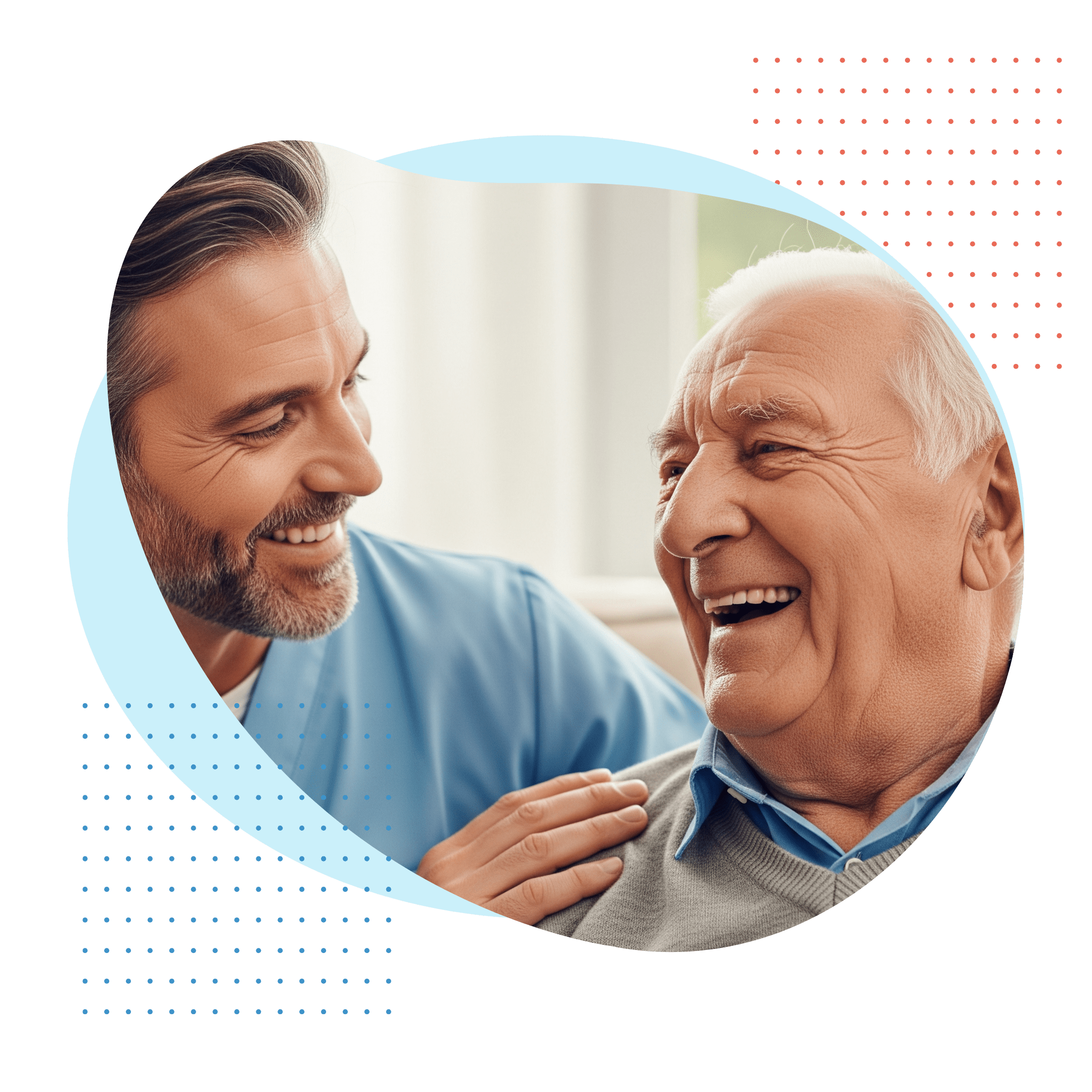 A close-up, photo-realistic image of a friendly male caregiver sharing a laugh with an elderly man, showcasing a strong, positive relationship.
