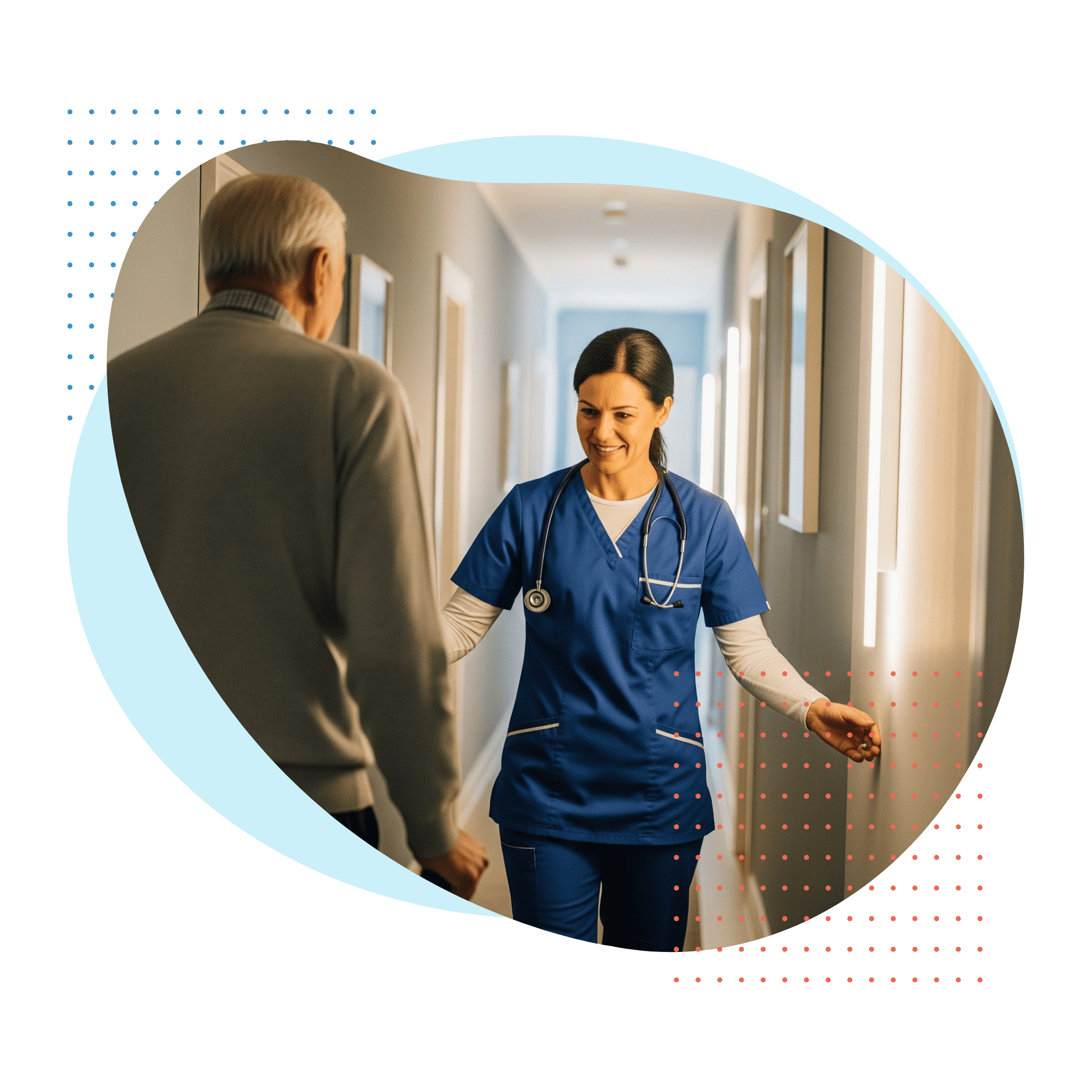 A diligent caregiver helps an elderly man by ensuring a hallway is clear and well-lit, highlighting the focus on home safety and fall prevention.