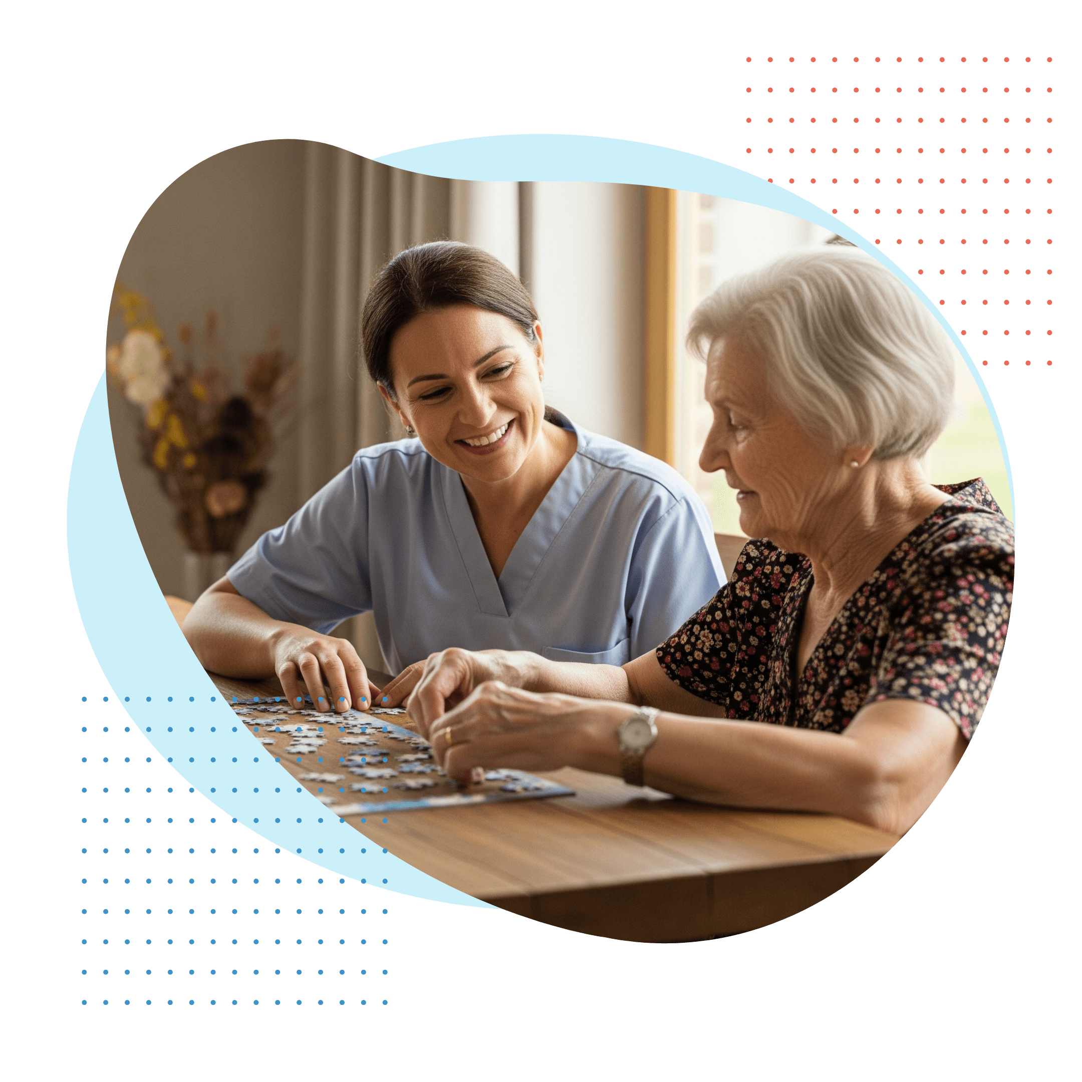 A smiling caregiver and an elderly woman work together on a jigsaw puzzle at a wooden table, representing engaging and valuable companionship.