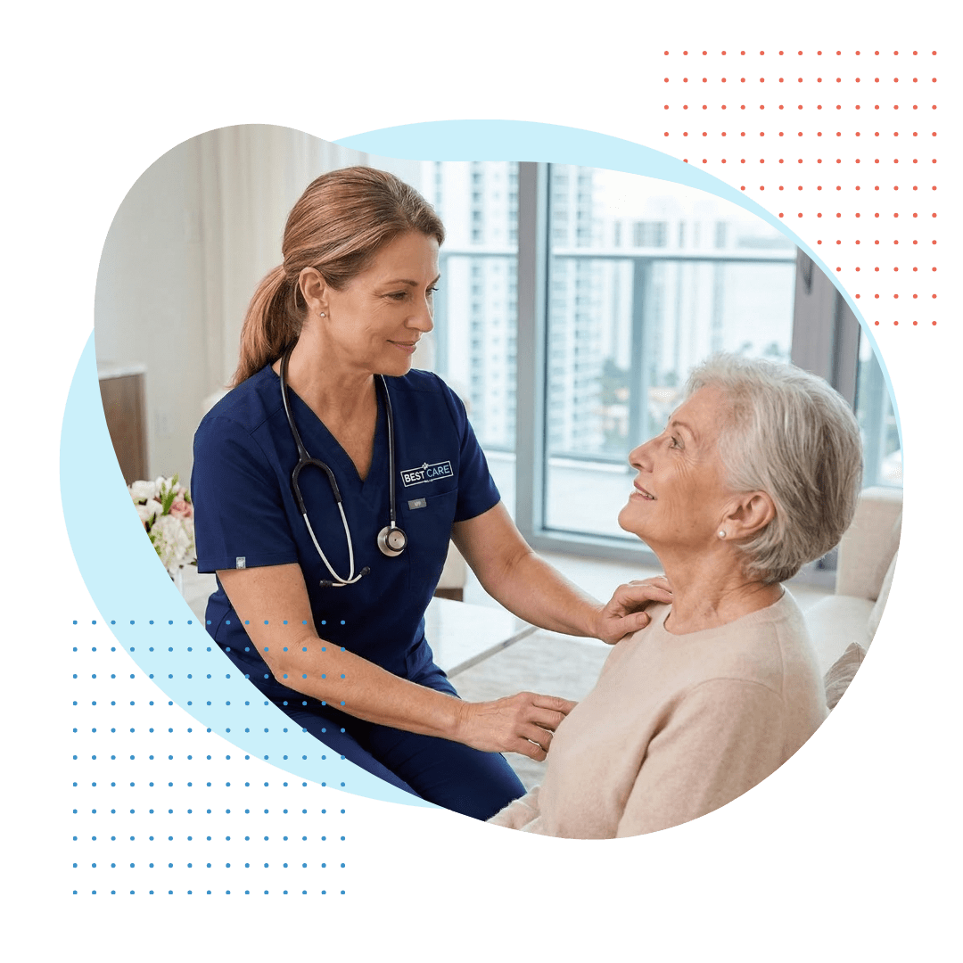 A compassionate female Best Care private duty nurse, wearing a neat navy blue uniform with a subtle 'BEST CARE' logo, gently checking the pulse of an elegant elderly woman seated in a luxurious Bal Harbour living room, representing professional long-term care nursing.