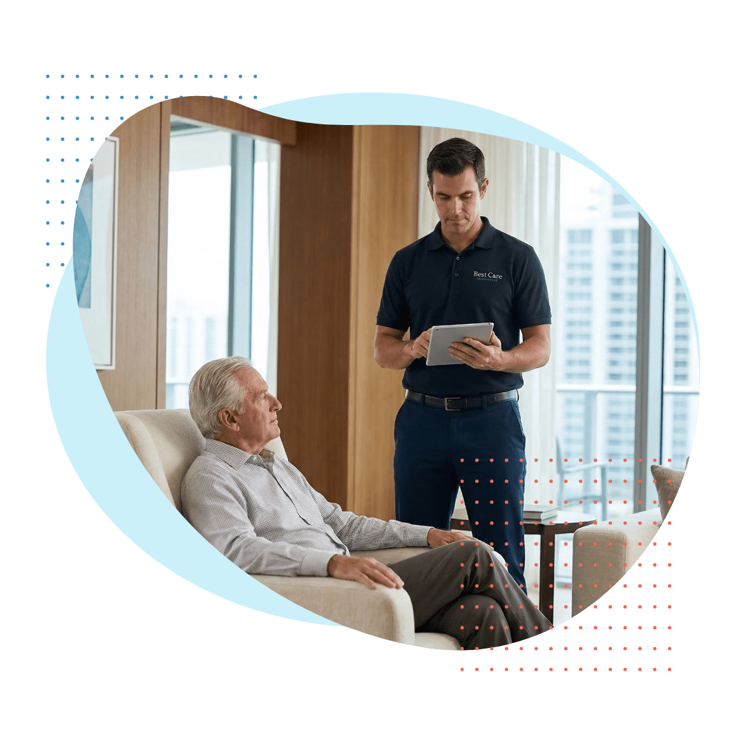 A Best Care professional male nurse discreetly checking a medical tablet in a luxurious Bal Harbour penthouse living room, with a sophisticated elderly gentleman relaxing in the foreground, representing discrete long-term concierge support.