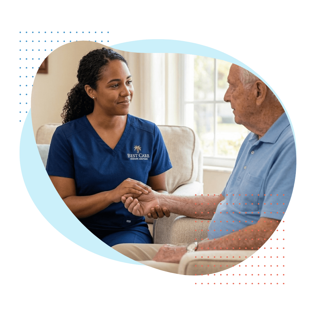 a compassionate female private duty nurse (wearing Best Care scrubs with a logo) gently checks the pulse of a comfortable elderly man, providing knowledgeable, secure care.