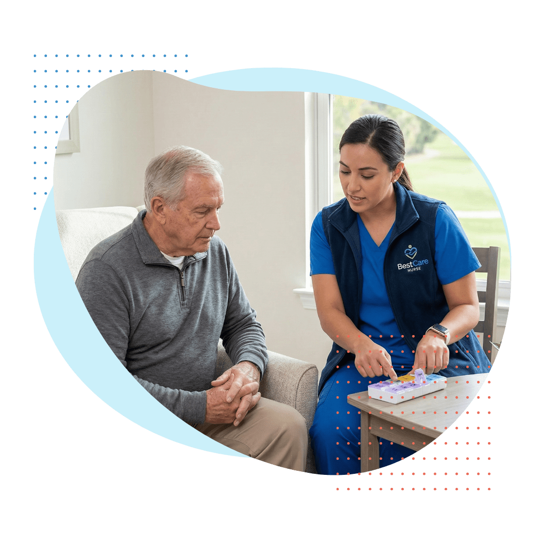 A focused square photograph taken indoors of a Best Care nurse explaining post-op instructions to an older male patient in a bright armchair. A subtle view of a green golf course is visible through the window, referencing the Hollybrook community setting in Pembroke Pines.